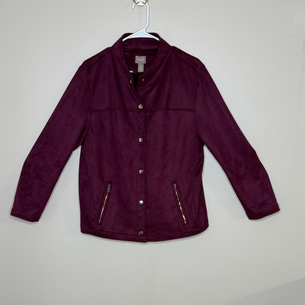 Chico’s Size 3 (XL/1X) Burgundy Moto Jacket Zip Pockets Stretch Blazer Plus - Picture 2 of 12